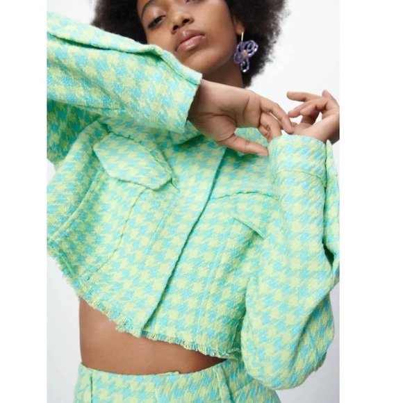 Zara Cropped Gingham Houndstooth Jacket Green Blue Size Large - Picture 5 of 9